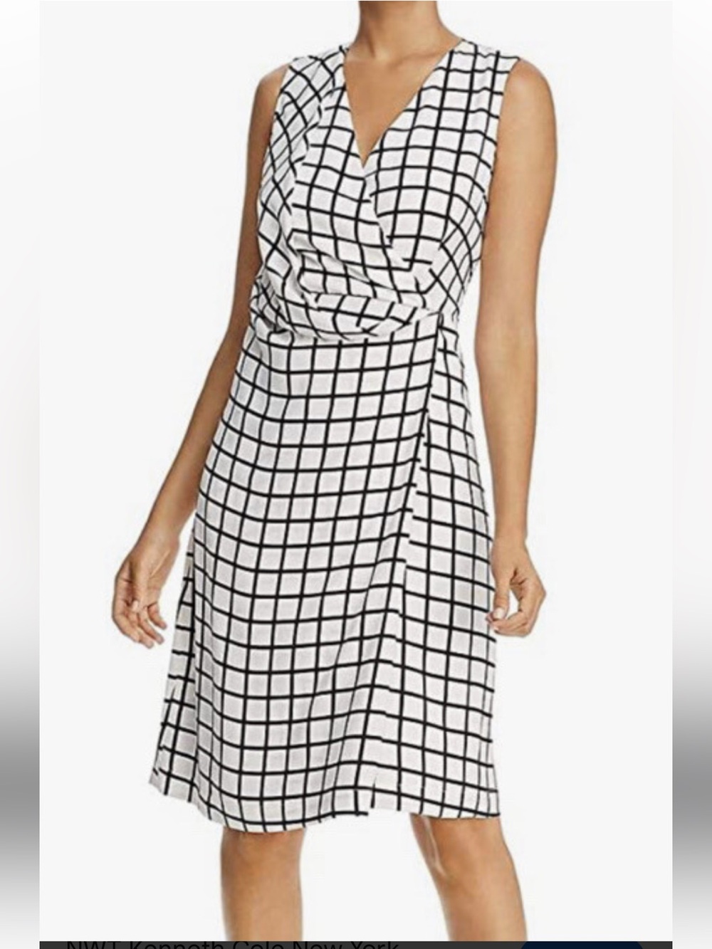 Kenneth Cole Sleeveless Black & White Grid Gathered Wrap Style Cocktail Dress